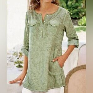 NEW Soft Surroundings Green Sequin Linen Tunic Top w/ Pockets Pull-Tab Sleeve L‎